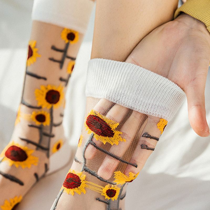 Kvinder Ultra-tynd Bomuld Solsikke Vine Blomster Åndbar Absorberende Tube Sokker