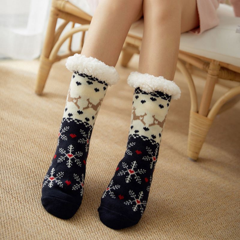 Kvinder Varm Vinter Udendørs Julestil Snefnugmønster Plus Velvet Thicken Home Sleep Socks Tube Socks